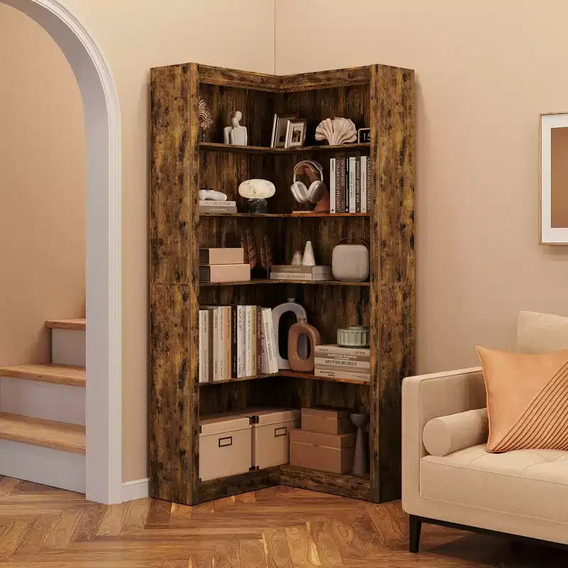 Étagère d'angle de 182 cm, Bibliothèque de style Ferme, Bibliothèque en L, Étagère de présentation à 5 niveaux, Bibliothèques robustes avec rangement pour Bureau, Salon