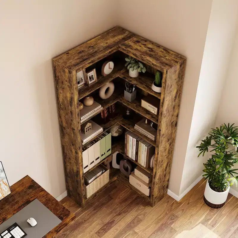 Étagère d'angle de 182 cm, Bibliothèque de style Ferme, Bibliothèque en L, Étagère de présentation à 5 niveaux, Bibliothèques robustes avec rangement pour Bureau, Salon