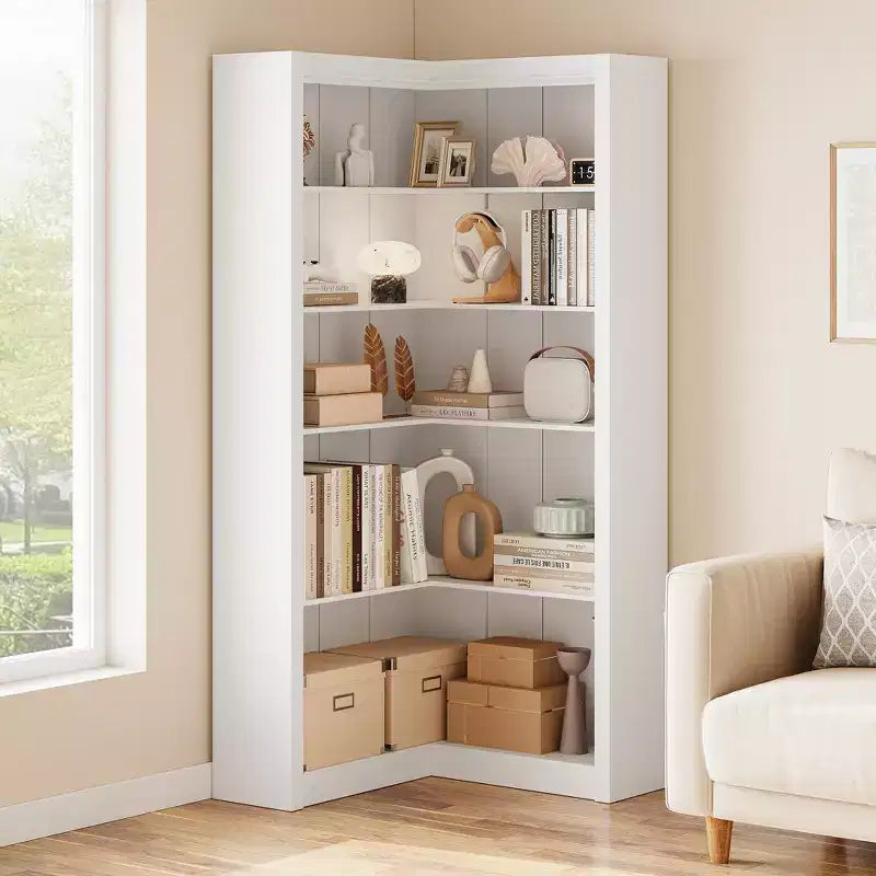 Étagère d'angle de 182 cm, Bibliothèque de style Ferme, Bibliothèque en L, Étagère de présentation à 5 niveaux, Bibliothèques robustes avec rangement pour Bureau, Salon