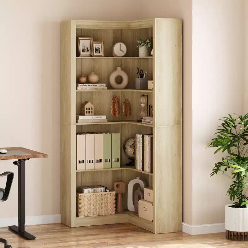 Étagère d'angle de 182 cm, Bibliothèque de style Ferme, Bibliothèque en L, Étagère de présentation à 5 niveaux, Bibliothèques robustes avec rangement pour Bureau, Salon