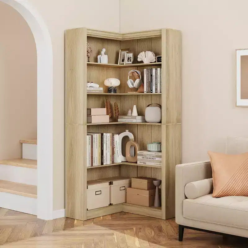 Étagère d'angle de 182 cm, Bibliothèque de style Ferme, Bibliothèque en L, Étagère de présentation à 5 niveaux, Bibliothèques robustes avec rangement pour Bureau, Salon