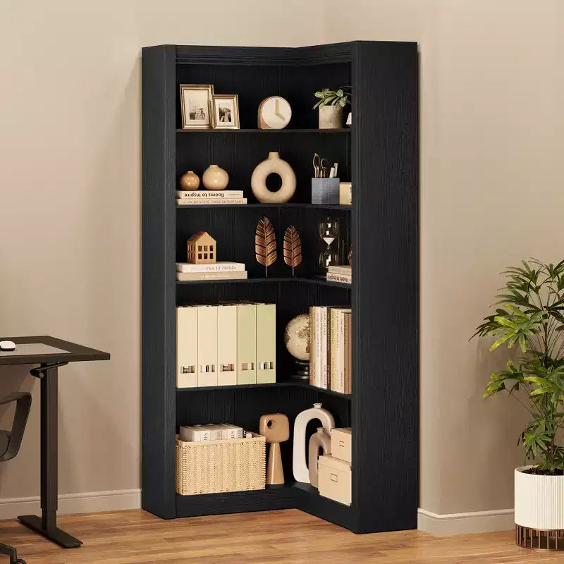 Étagère d'angle de 182 cm, Bibliothèque de style Ferme, Bibliothèque en L, Étagère de présentation à 5 niveaux, Bibliothèques robustes avec rangement pour Bureau, Salon