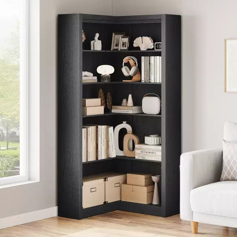 Étagère d'angle de 182 cm, Bibliothèque de style Ferme, Bibliothèque en L, Étagère de présentation à 5 niveaux, Bibliothèques robustes avec rangement pour Bureau, Salon