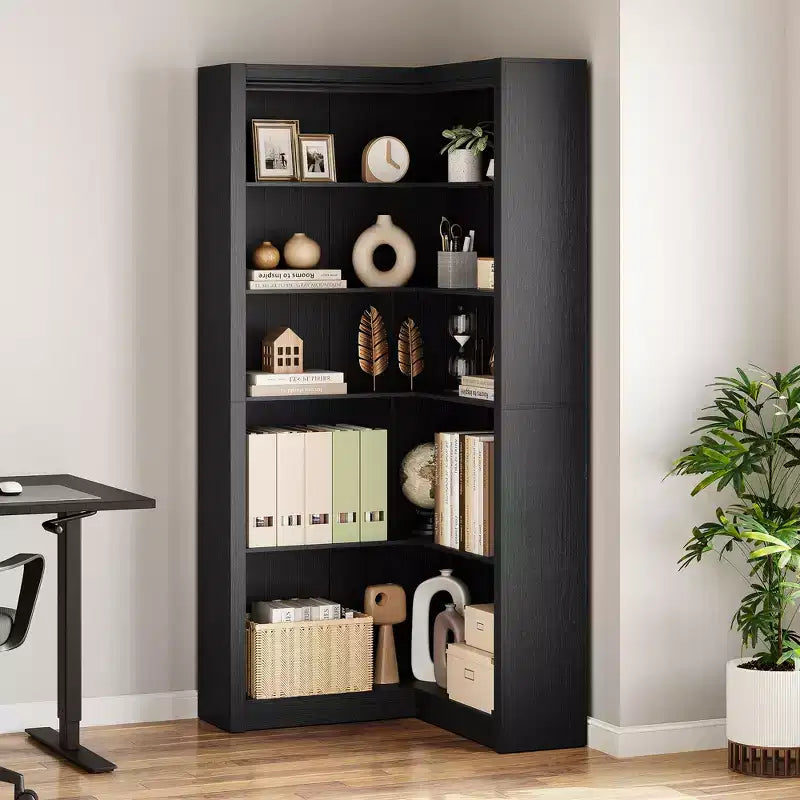 Étagère d'angle de 182 cm, Bibliothèque de style Ferme, Bibliothèque en L, Étagère de présentation à 5 niveaux, Bibliothèques robustes avec rangement pour Bureau, Salon