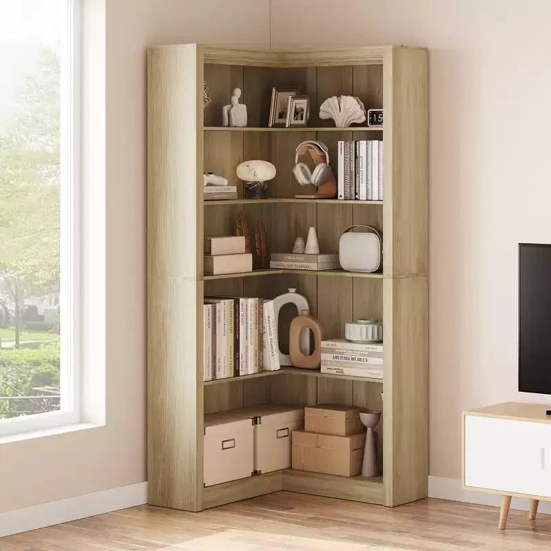 Étagère d'angle de 182 cm, Bibliothèque de style Ferme, Bibliothèque en L, Étagère de présentation à 5 niveaux, Bibliothèques robustes avec rangement pour Bureau, Salon