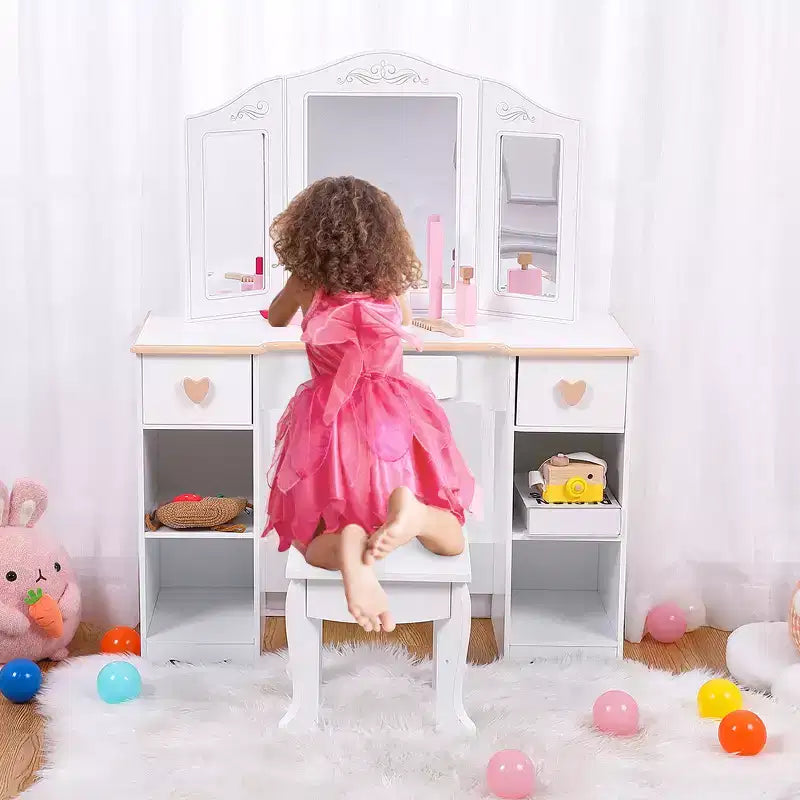 Coiffeuse et tabouret pour enfants avec miroir triple, coiffeuse blanche pour filles de 3 à 9 ans, avec tiroirs et étagères ouvertes pour un rangement facile