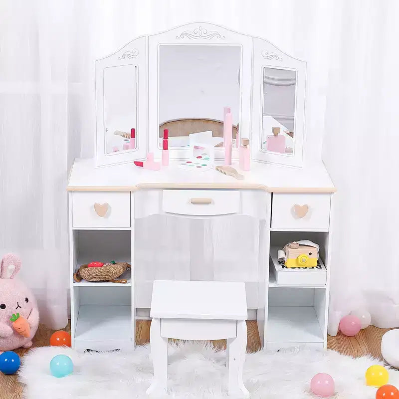 Coiffeuse et tabouret pour enfants avec miroir triple, coiffeuse blanche pour filles de 3 à 9 ans, avec tiroirs et étagères ouvertes pour un rangement facile
