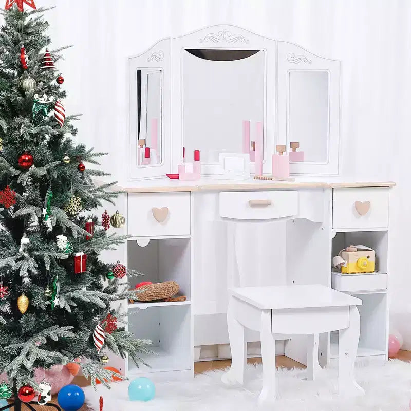 Coiffeuse et tabouret pour enfants avec miroir triple, coiffeuse blanche pour filles de 3 à 9 ans, avec tiroirs et étagères ouvertes pour un rangement facile