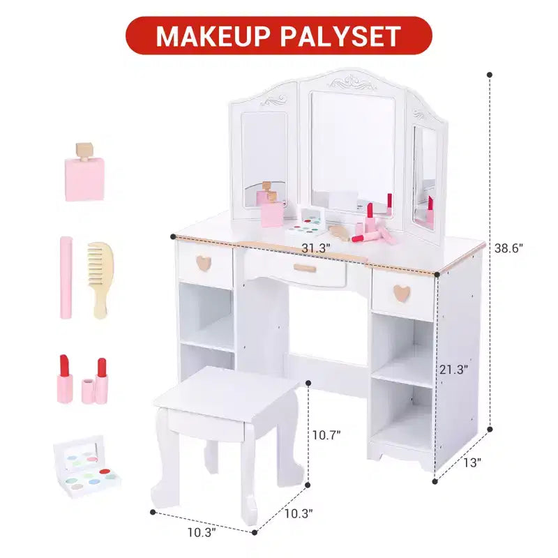 Coiffeuse et tabouret pour enfants avec miroir triple, coiffeuse blanche pour filles de 3 à 9 ans, avec tiroirs et étagères ouvertes pour un rangement facile