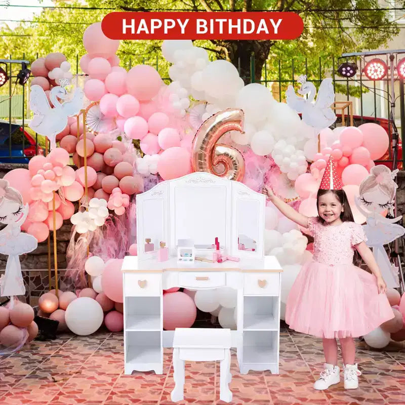 Coiffeuse et tabouret pour enfants avec miroir triple, coiffeuse blanche pour filles de 3 à 9 ans, avec tiroirs et étagères ouvertes pour un rangement facile