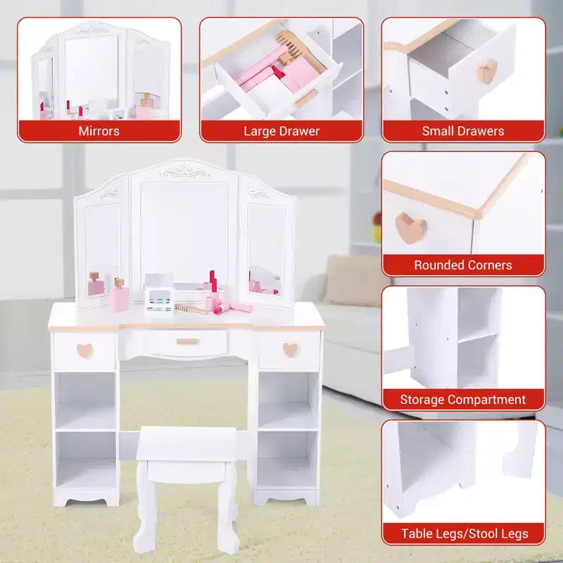 Coiffeuse et tabouret pour enfants avec miroir triple, coiffeuse blanche pour filles de 3 à 9 ans, avec tiroirs et étagères ouvertes pour un rangement facile