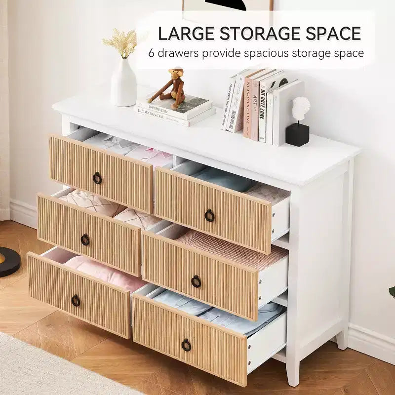 Commode à 6 tiroirs pour chambre à coucher, meuble de rangement au profil antique – Longue commode en bois avec grand tiroir