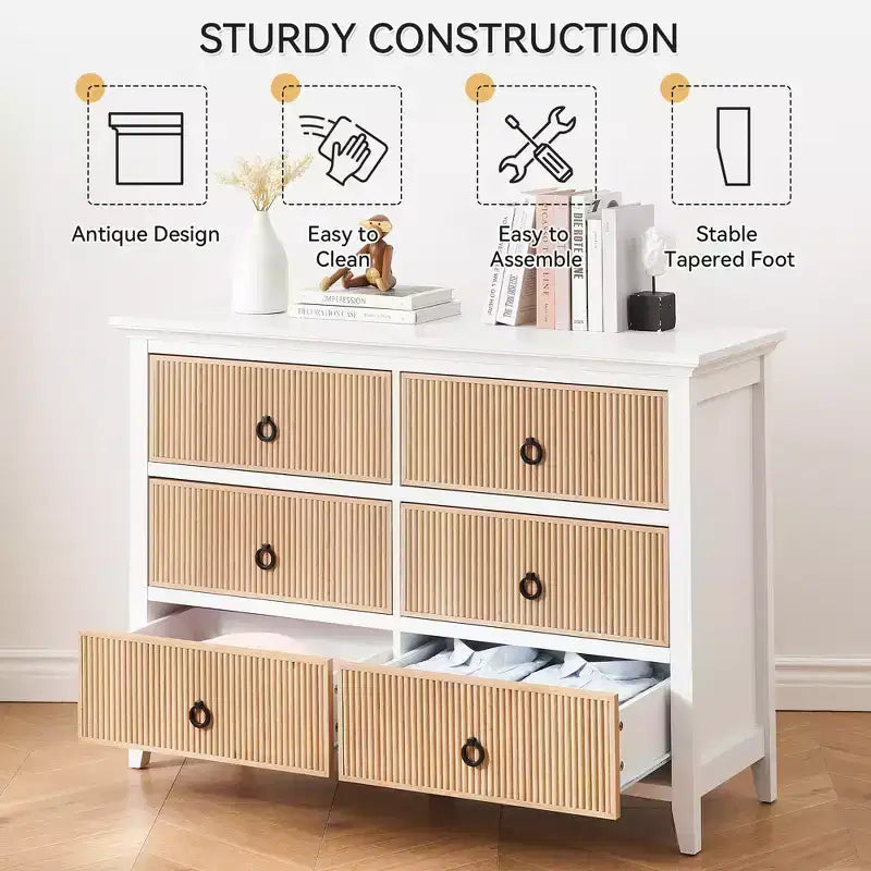 Commode à 6 tiroirs pour chambre à coucher, meuble de rangement au profil antique – Longue commode en bois avec grand tiroir