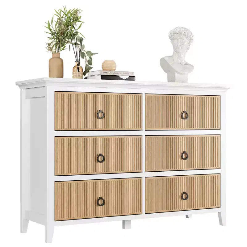 Commode à 6 tiroirs pour chambre à coucher, meuble de rangement au profil antique – Longue commode en bois avec grand tiroir