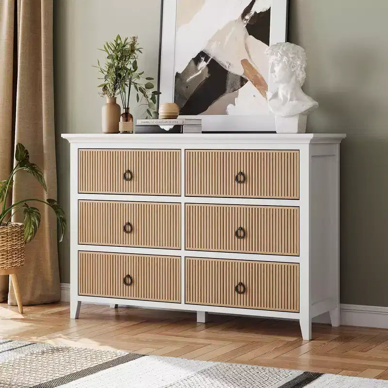 Commode à 6 tiroirs pour chambre à coucher, meuble de rangement au profil antique – Longue commode en bois avec grand tiroir