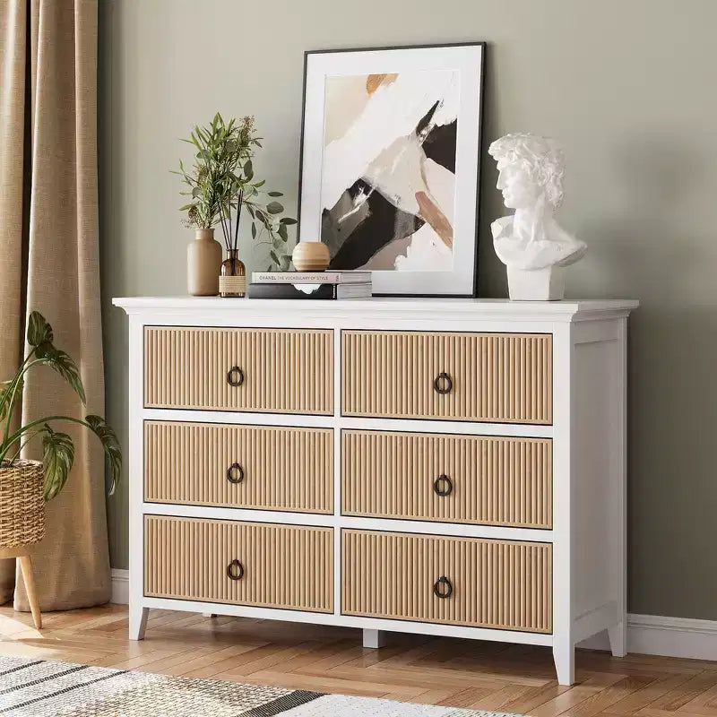 Commode à 6 tiroirs pour chambre à coucher, meuble de rangement au profil antique – Longue commode en bois avec grand tiroir