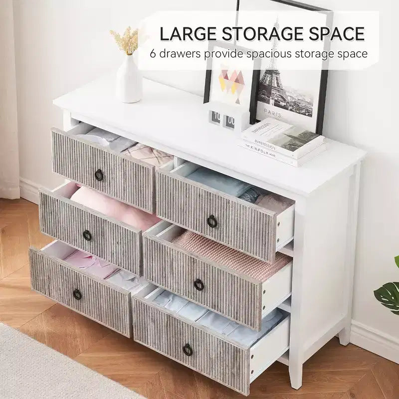 Commode à 6 tiroirs pour chambre à coucher, meuble de rangement au profil antique – Longue commode en bois avec grand tiroir