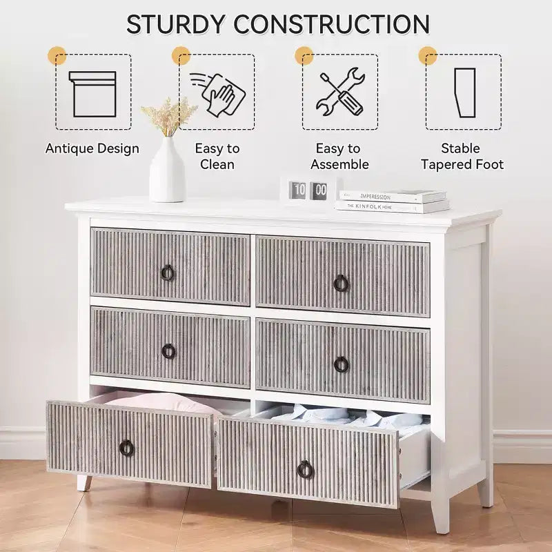 Commode à 6 tiroirs pour chambre à coucher, meuble de rangement au profil antique – Longue commode en bois avec grand tiroir