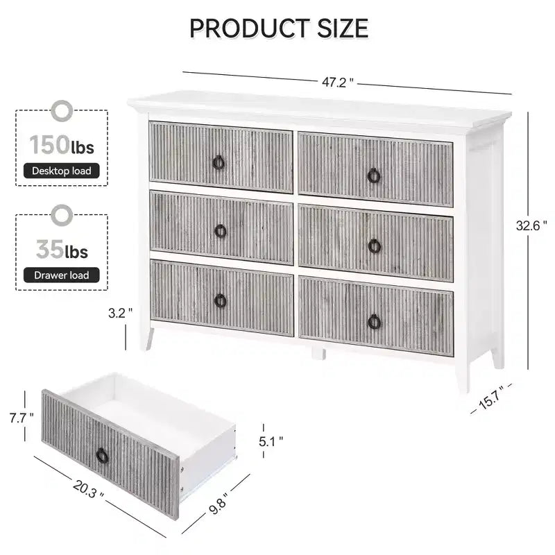 Commode à 6 tiroirs pour chambre à coucher, meuble de rangement au profil antique – Longue commode en bois avec grand tiroir