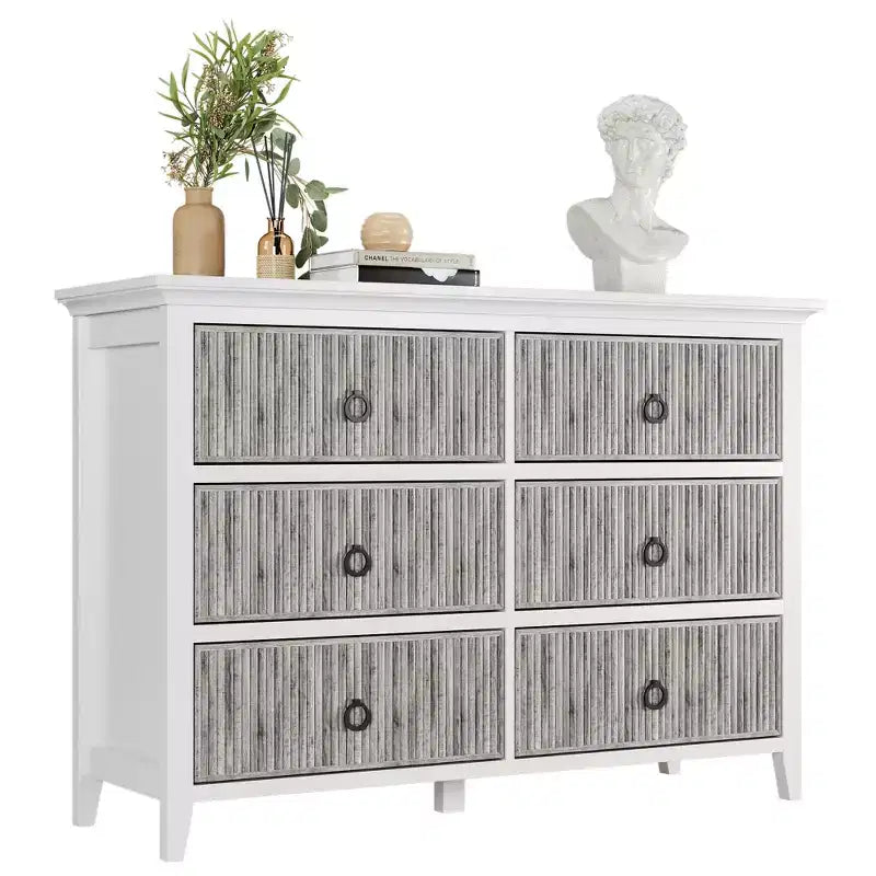 Commode à 6 tiroirs pour chambre à coucher, meuble de rangement au profil antique – Longue commode en bois avec grand tiroir