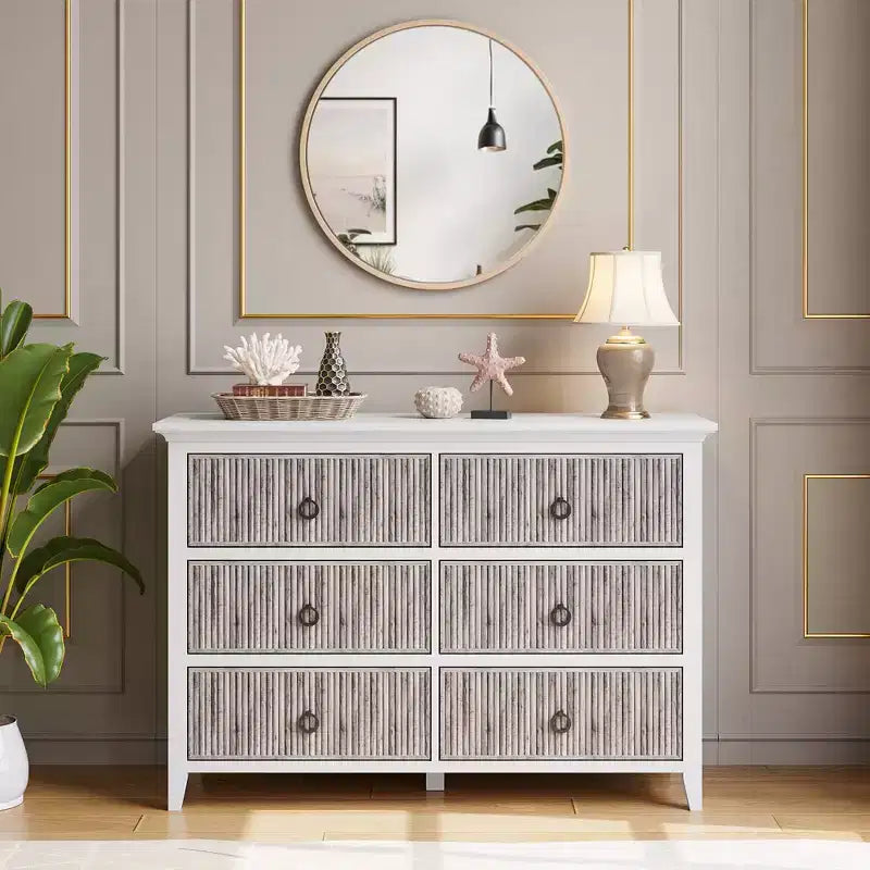 Commode à 6 tiroirs pour chambre à coucher, meuble de rangement au profil antique – Longue commode en bois avec grand tiroir