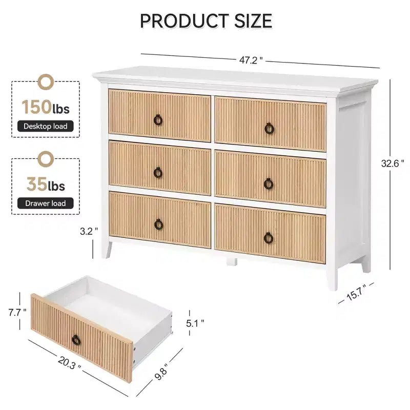 Commode à 6 tiroirs pour chambre à coucher, meuble de rangement au profil antique – Longue commode en bois avec grand tiroir