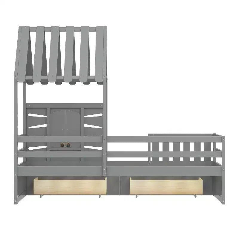 Cadres de lit jumeaux avec toit et fenêtre, lit cabane de taille jumeau pour enfants avec tiroirs de rangement et barrières de sécurité pour filles et garçons