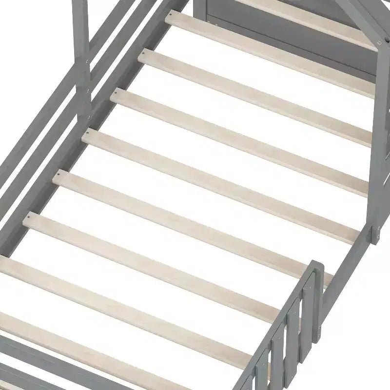 Cadres de lit jumeaux avec toit et fenêtre, lit cabane de taille jumeau pour enfants avec tiroirs de rangement et barrières de sécurité pour filles et garçons