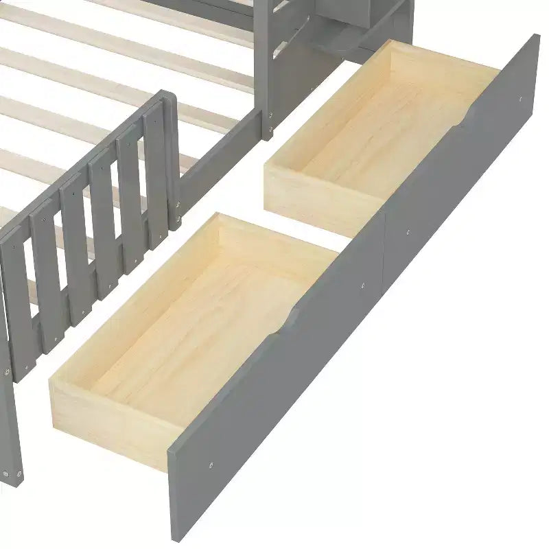 Cadres de lit jumeaux avec toit et fenêtre, lit cabane de taille jumeau pour enfants avec tiroirs de rangement et barrières de sécurité pour filles et garçons