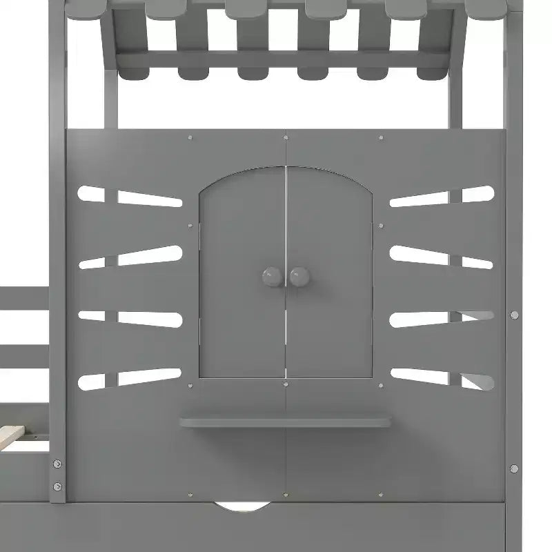 Cadres de lit jumeaux avec toit et fenêtre, lit cabane de taille jumeau pour enfants avec tiroirs de rangement et barrières de sécurité pour filles et garçons