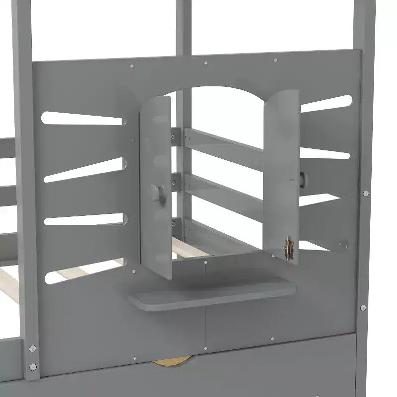 Cadres de lit jumeaux avec toit et fenêtre, lit cabane de taille jumeau pour enfants avec tiroirs de rangement et barrières de sécurité pour filles et garçons
