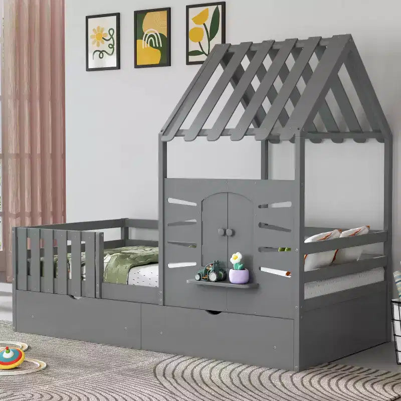 Cadres de lit jumeaux avec toit et fenêtre, lit cabane de taille jumeau pour enfants avec tiroirs de rangement et barrières de sécurité pour filles et garçons