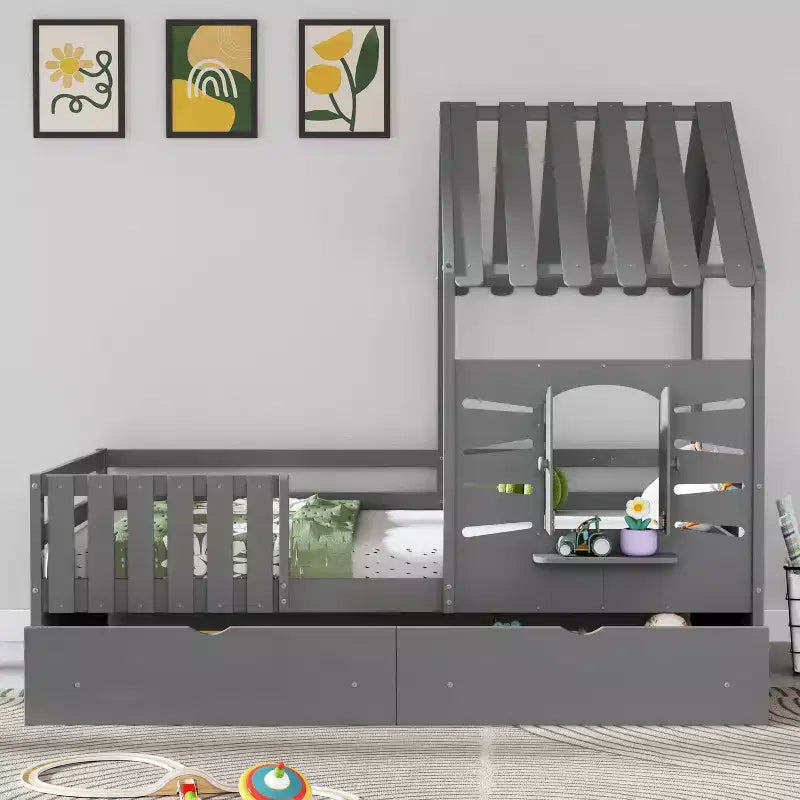 Cadres de lit jumeaux avec toit et fenêtre, lit cabane de taille jumeau pour enfants avec tiroirs de rangement et barrières de sécurité pour filles et garçons