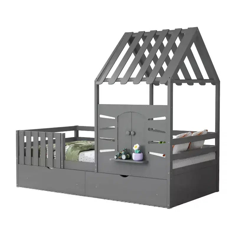 Cadres de lit jumeaux avec toit et fenêtre, lit cabane de taille jumeau pour enfants avec tiroirs de rangement et barrières de sécurité pour filles et garçons