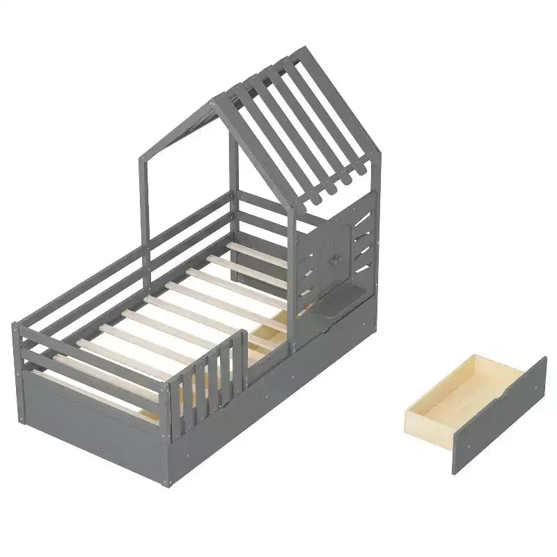 Cadres de lit jumeaux avec toit et fenêtre, lit cabane de taille jumeau pour enfants avec tiroirs de rangement et barrières de sécurité pour filles et garçons