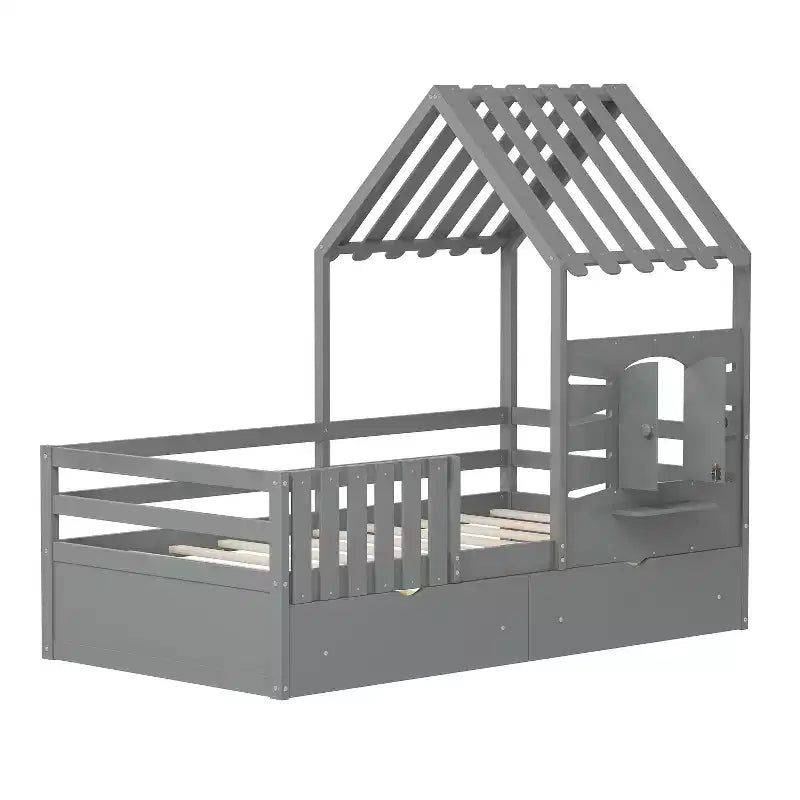 Cadres de lit jumeaux avec toit et fenêtre, lit cabane de taille jumeau pour enfants avec tiroirs de rangement et barrières de sécurité pour filles et garçons
