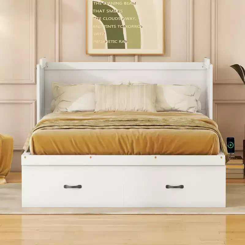 Lit escamotable armoire double, Lit escamotable mobile en bois avec ports USB et tiroirs de rangement, Blanc
