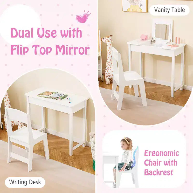 Coiffeuse et chaise pour enfants 2-en-1 Ensemble de maquillage princesse