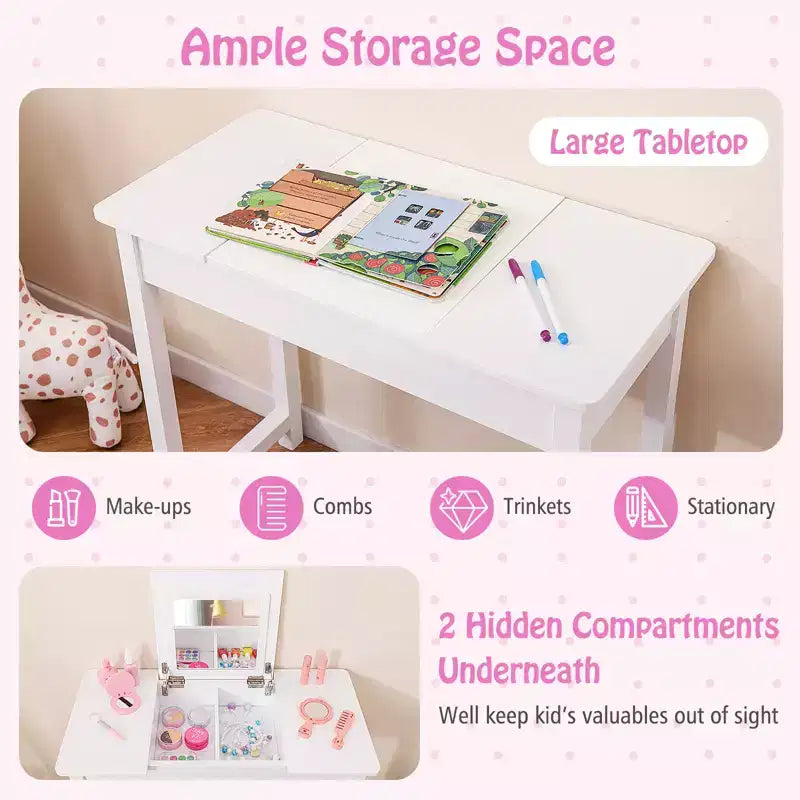 Coiffeuse et chaise pour enfants 2-en-1 Ensemble de maquillage princesse