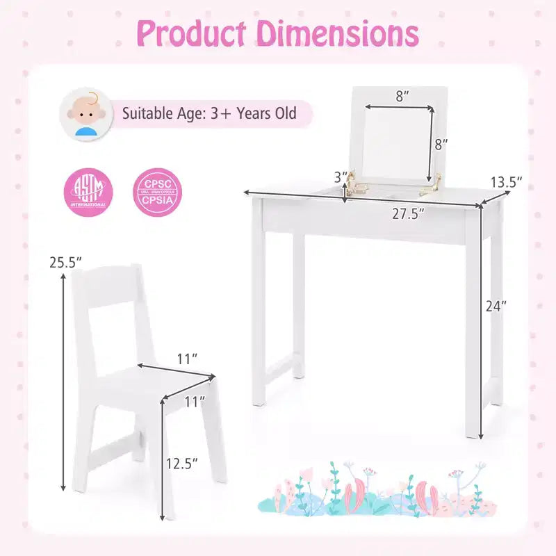 Coiffeuse et chaise pour enfants 2-en-1 Ensemble de maquillage princesse