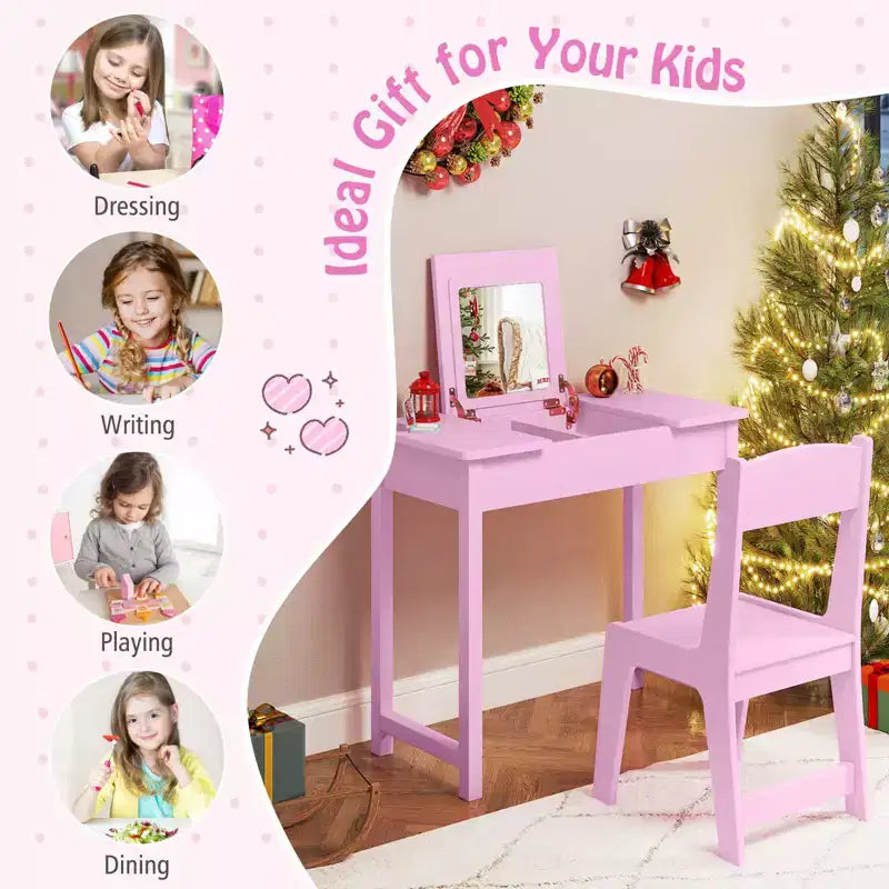 Coiffeuse et chaise pour enfants 2-en-1 Ensemble de maquillage princesse
