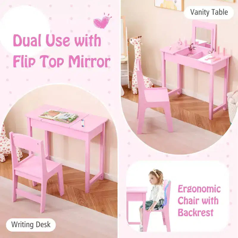 Coiffeuse et chaise pour enfants 2-en-1 Ensemble de maquillage princesse