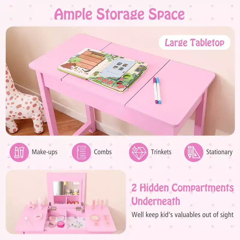 Coiffeuse et chaise pour enfants 2-en-1 Ensemble de maquillage princesse
