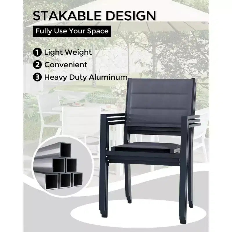 Lot de 2 chaises de salle à manger en aluminium pour terrasse avec accoudoirs et assise plus large, chaises empilables toutes saisons pour balcon, jardin, arrière-cour