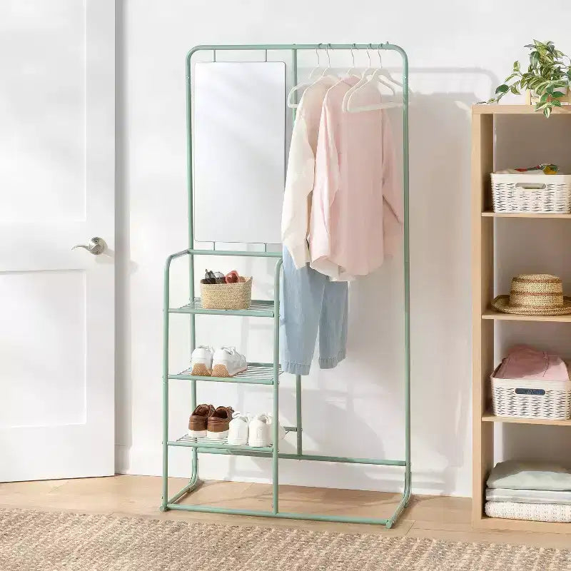 Portant à vêtements en métal avec miroir et étagères - Brightroom