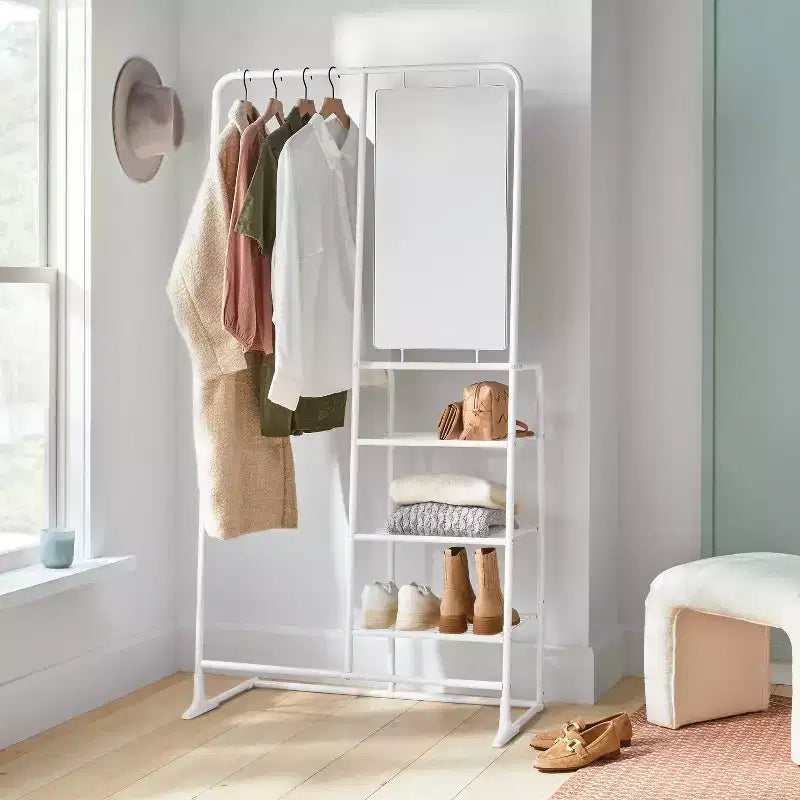 Portant à vêtements en métal avec miroir et étagères - Brightroom
